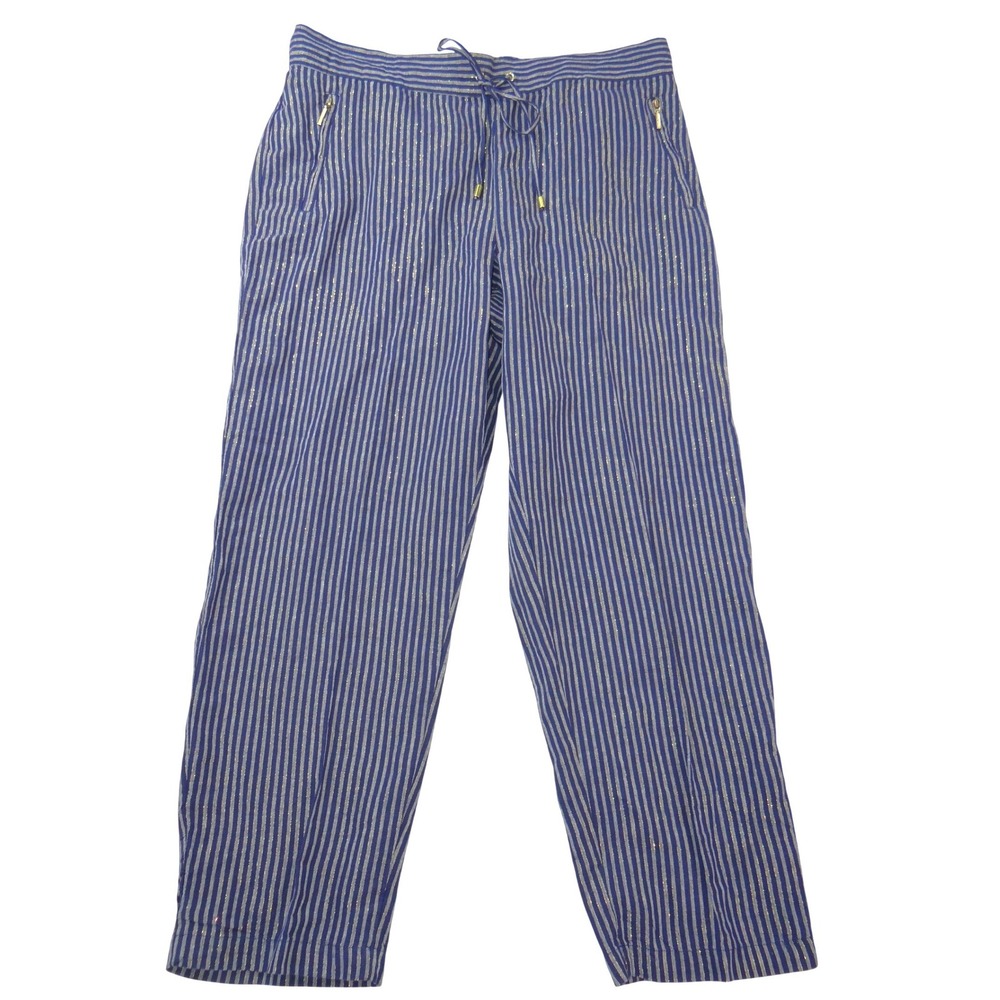 NWT-Ellen Tracy Linen Striped Drawstring Pants Navy‎ Gold Metallic Joggers L